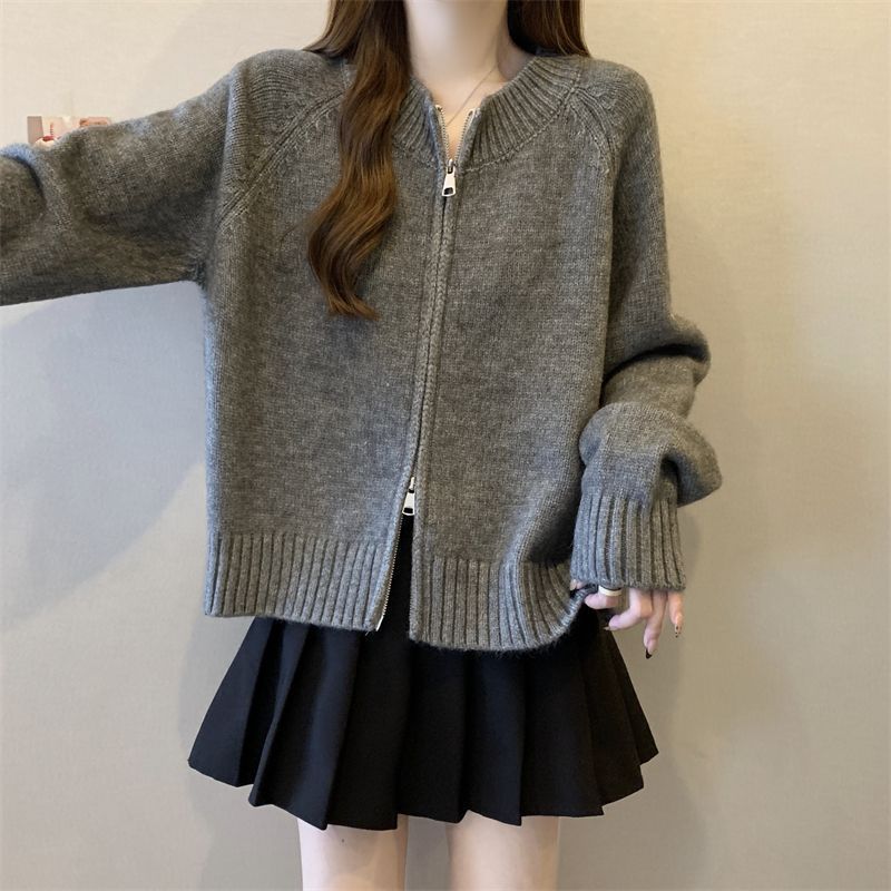 Fashionable Loose Simple Women'S New Style Lazy Style Double Zipper Long-Sleeved Sweater Women'S Knitted Cardigan - Image 1